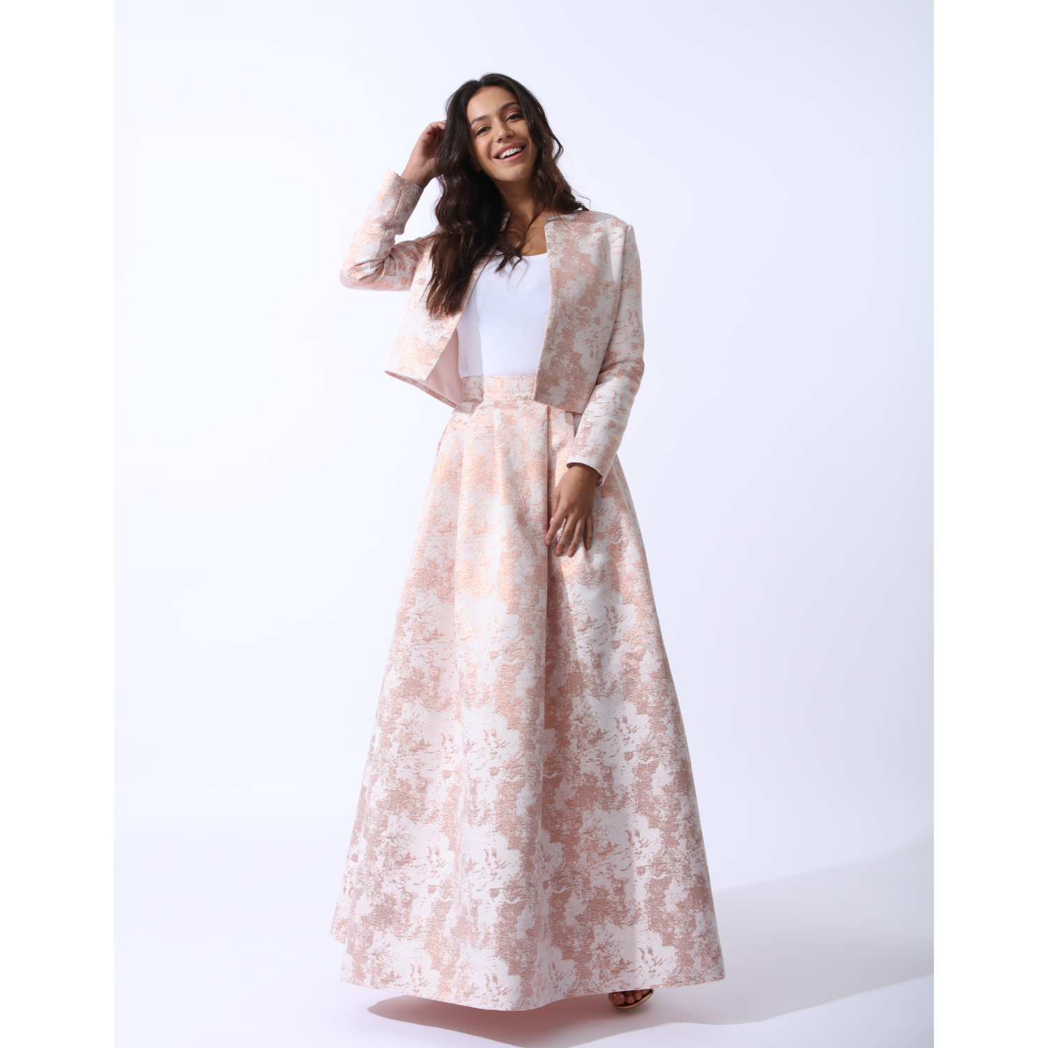 NOUR STRUCTURED PLEATED MAXI SKIRT IN COSMETIC ROSE GOLD