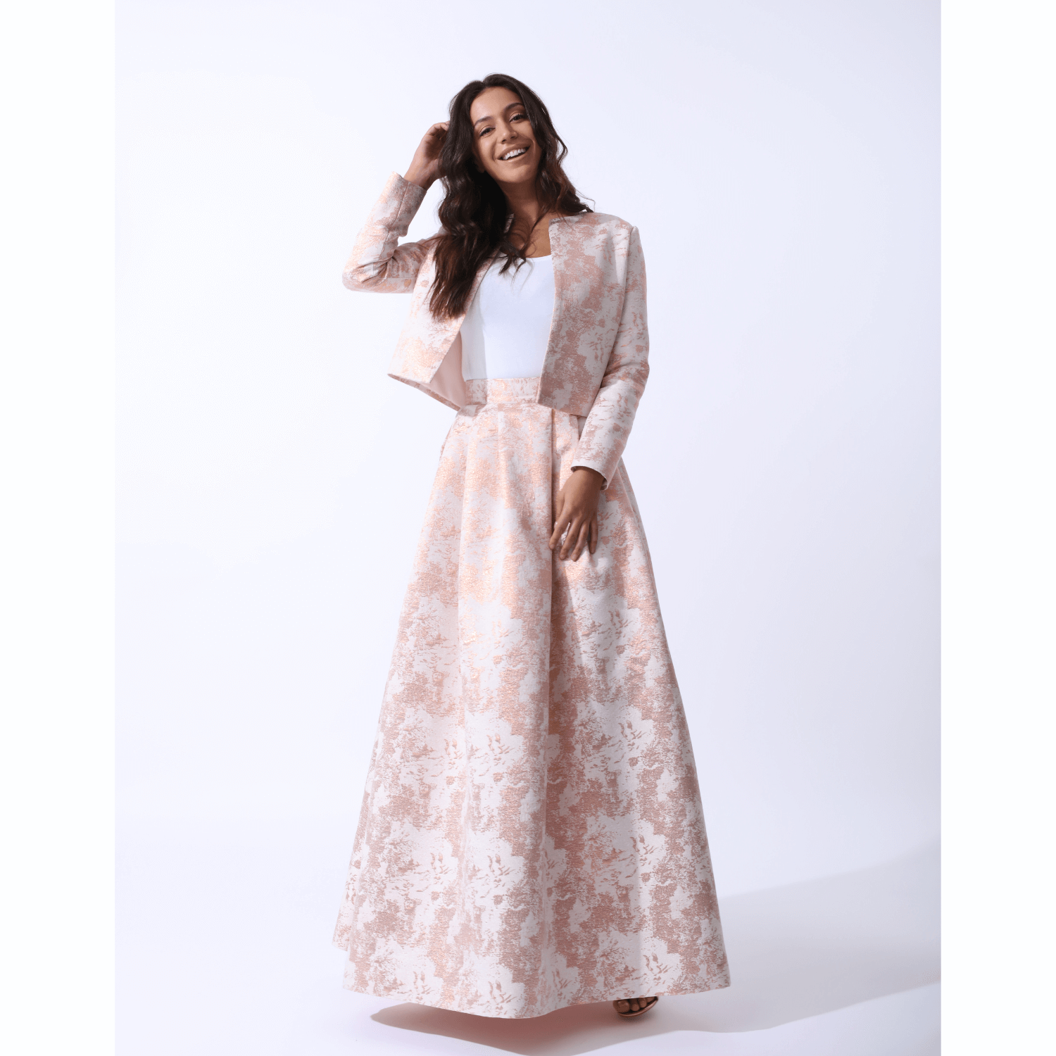 Structured Pleated Maxi Skirt Metallic Rose Gold Jacquard