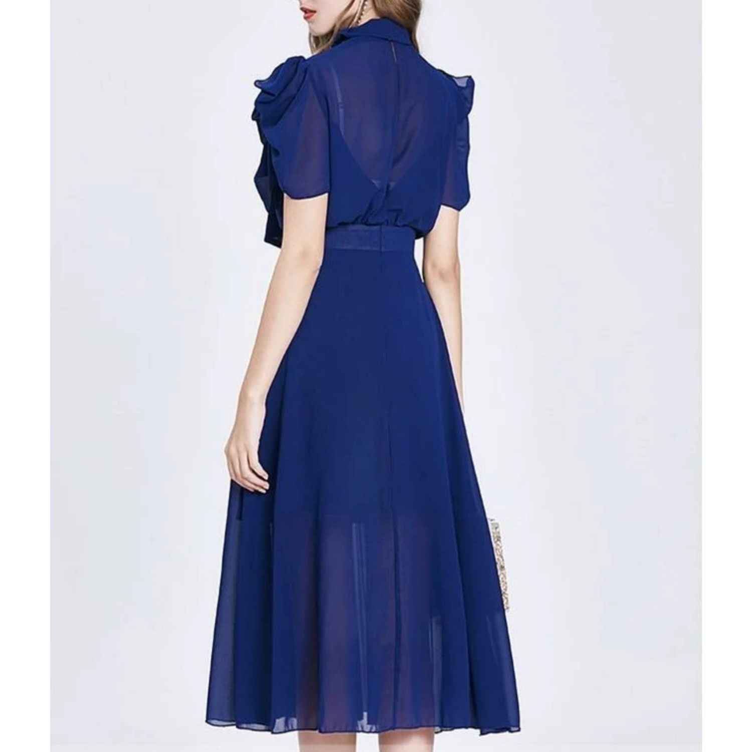 High Neck Midaxi With Bow Detail and Ruched Sleeves