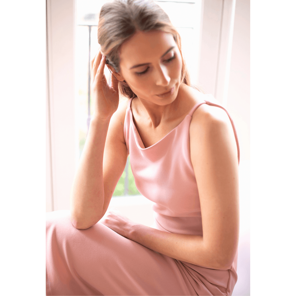 Pink Dress With Ruched Waist Boat Neck
