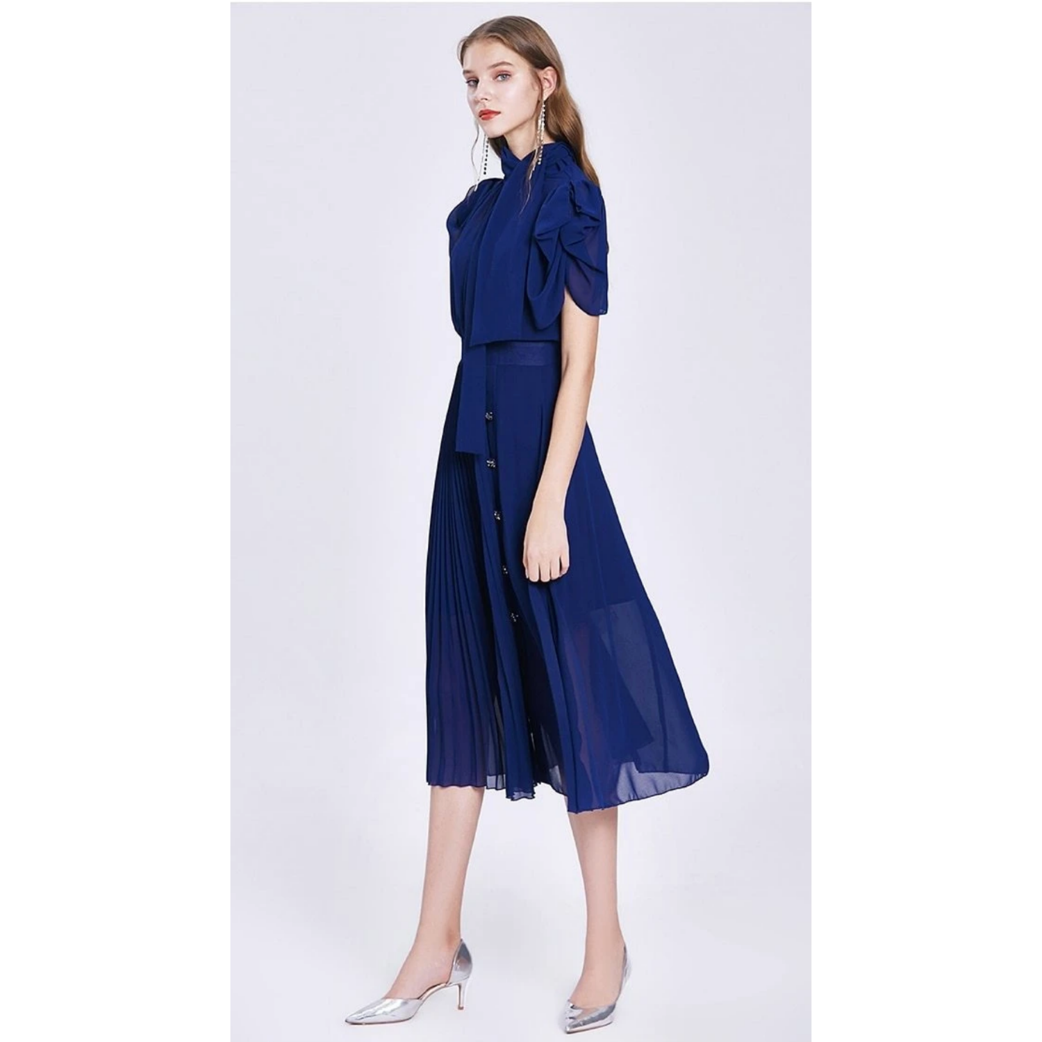 High Neck Midaxi With Bow Detail and Ruched Sleeves