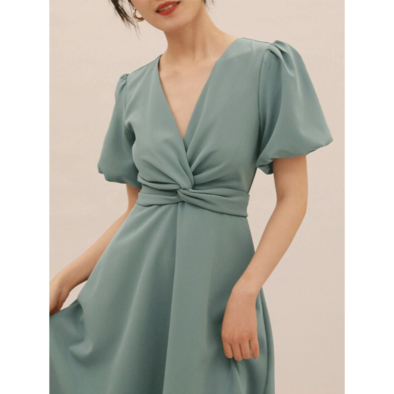TWIST V-NECK ALINE WRAP MIDI MULTIWAY DRESS WITH PUFF SLEEVES & SIDE POCKETS
