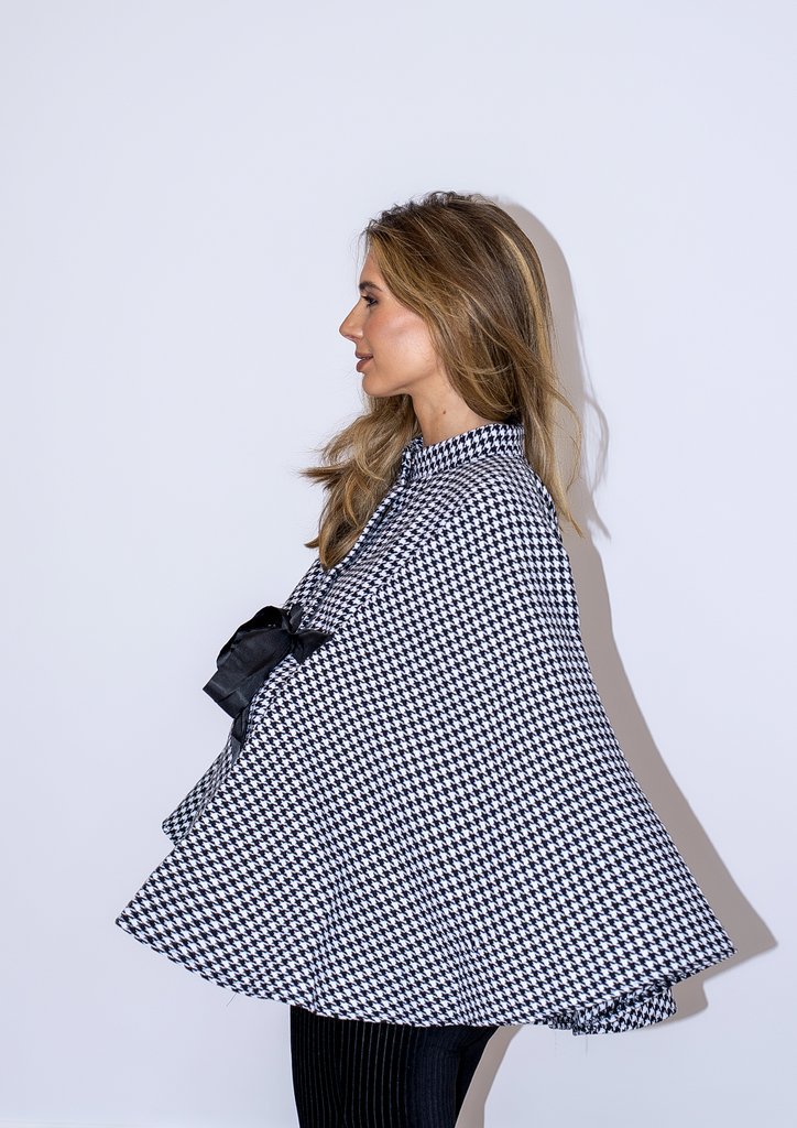 Black and White Dogtooth Cape Coat with Bow - Jeune