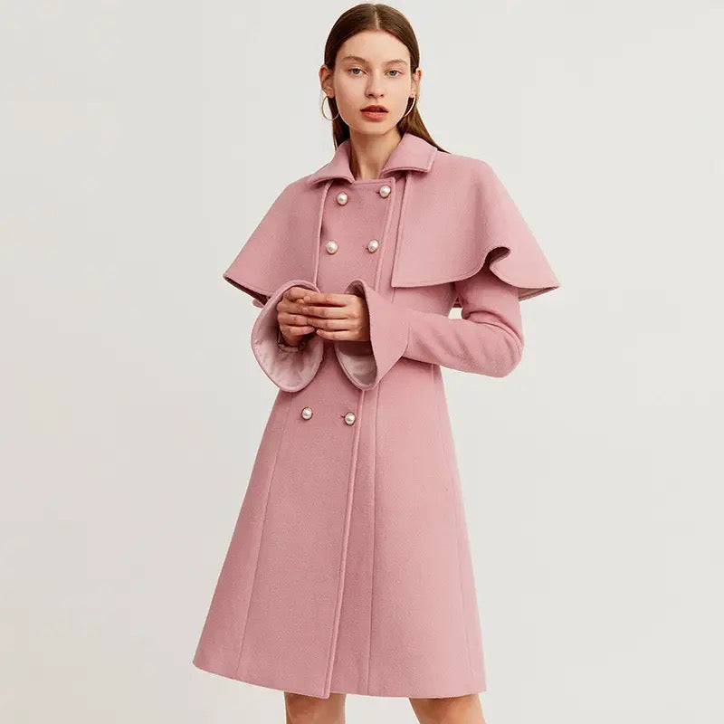 Candy Pink Coat With Removable Cape  and Pockets