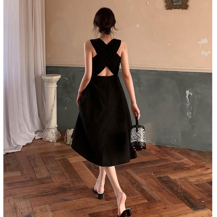 iOPQO black dresses for women Open Back Crisscross Lace Up Cami Mini Club  Party Dress dress