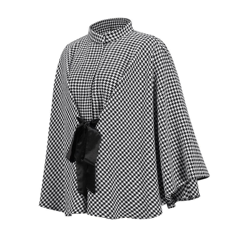 Black and White Dogtooth Cape Coat with Bow - Jeune