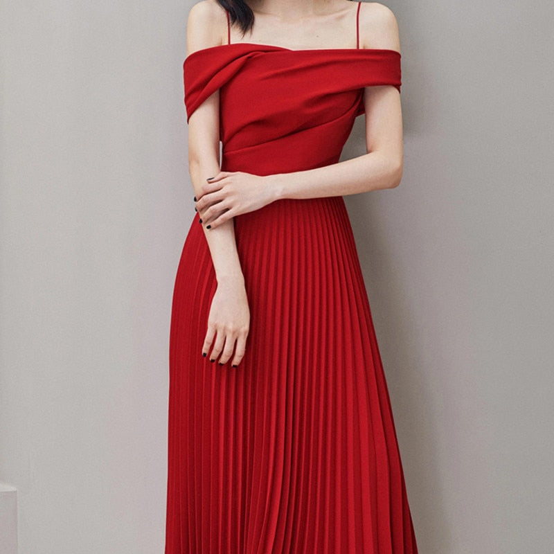 Off Shoulder Midi Dress With Straps And Pleated Skirt - Red
