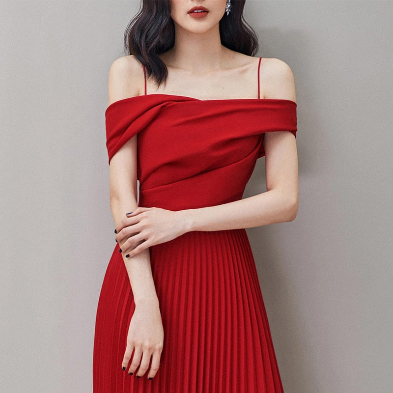 Off Shoulder Midi Dress With Straps And Pleated Skirt - Red